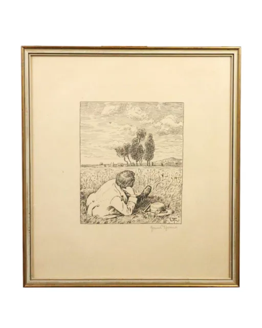Hans Thoma (1839-1924) - Signierte Lithografie - Träumer im Gras liegend