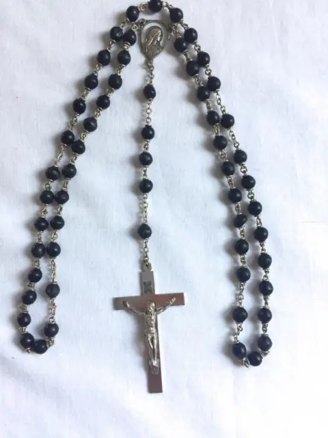 Vintage 21" Italian Rosary- Black Coco Beads- Silver Chain & 2" Crucifix- Italy