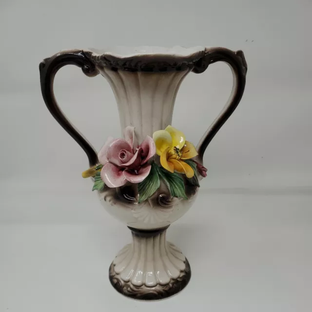 Vintage Capodimonte Large Handled Vase with Pink Varigated Roses - made in Italy