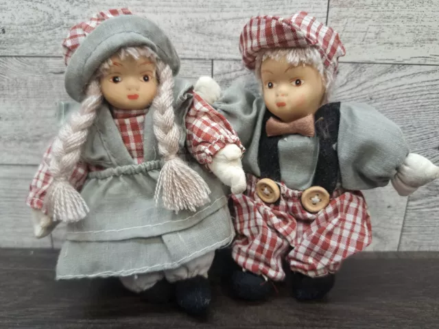 Vintage Hand Painted Porcelain Face Sand Dolls Hansel & Gretel 5"