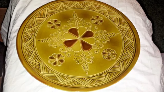 Art Pottery Ceramic Vintage 13.25" Green/Brown Floral Serving Platter Signed