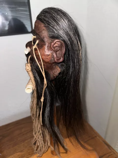 Dark Haired Jivaro Shrunken Head With Tribal Nose Bones -Tsantsa