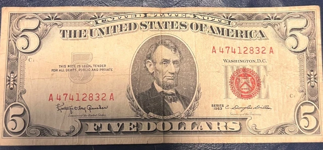 1963 Five Dollar Bill $5 Red Seal United States Note Old Currency 1 Note Purchas