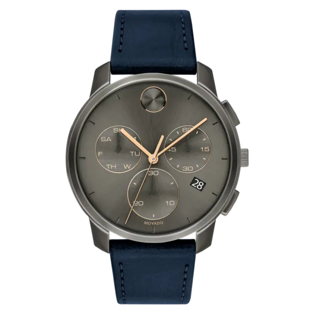 Movado BOLD Men's Chronograph Quartz Gunmetal Watch Blue Leather Band 3600720