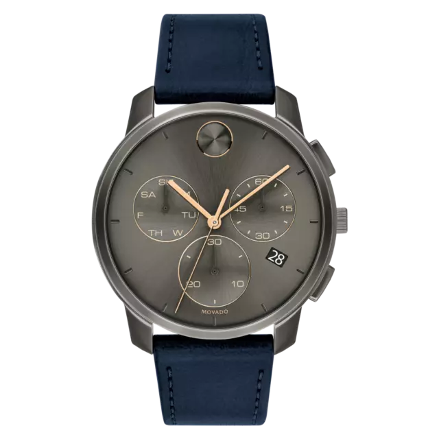 Movado BOLD Men's Chronograph Quartz Gunmetal Watch Blue Leather Band 3600720