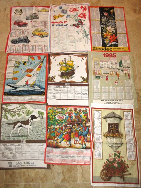 Lot 4 Torchons Vintage 1982 – Calendrier Tissus Chaton Voiture Ets Candillier