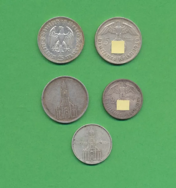 5 St. Münzen, 5 und 2 Reichsmark, Silber, Garnisonskirche dabei, Deutsches Reich