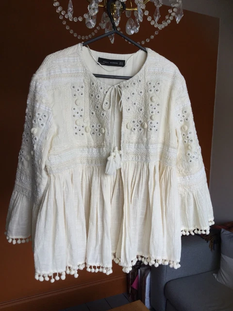 ZARA POM POM Cream Embroidered Jacket Top Boho Festival Bloggers