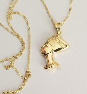 14K Solid Yellow Real Gold Egyptian Queen Cleopatra Nefertiti Pendant With Chain