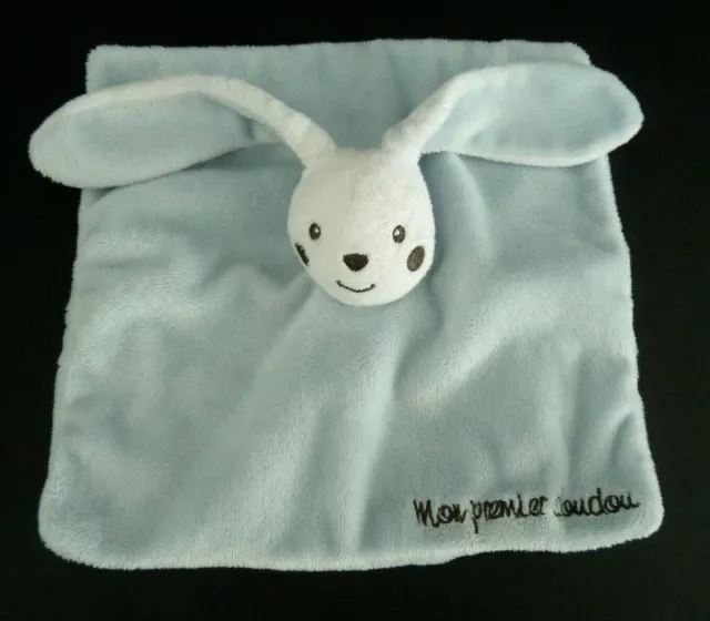 * Mon Premier Doudou Plat Carre Lapin Kimbaloo Bleu Blanc Noir - Excellent Etat