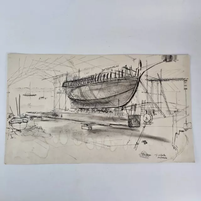 Graham Clarke Signed Pen Drawing Shipyard Boat Dated 1956