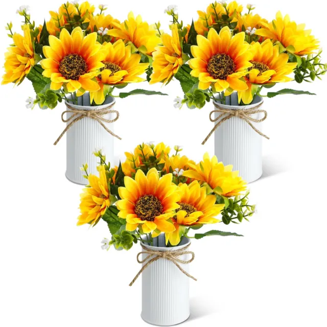 SiliFine 3 Sets Summer Sunflowers Artificial Flowers with Metal Pots Rustic A...