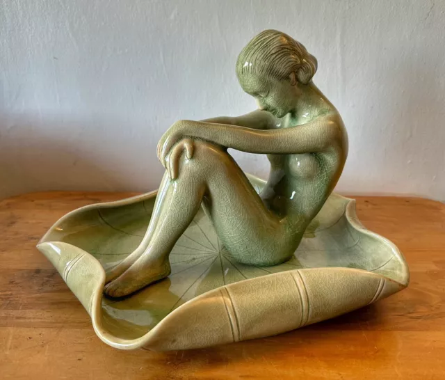 Vintage Signed Large Thai Celadon Nude Woman On Lily Leaf c1920s - 1970s