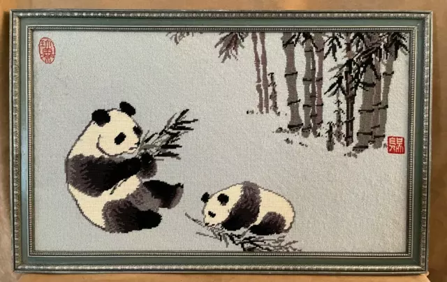 29" Vintage needlepoint Panda Bear bamboo mother & baby Asian finished framed