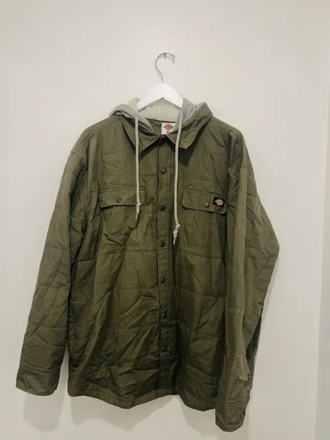 Dickies Jacket Men XL 46-48 Hoodie Olive Green Quilted Lined Sweatshirt Snap Up