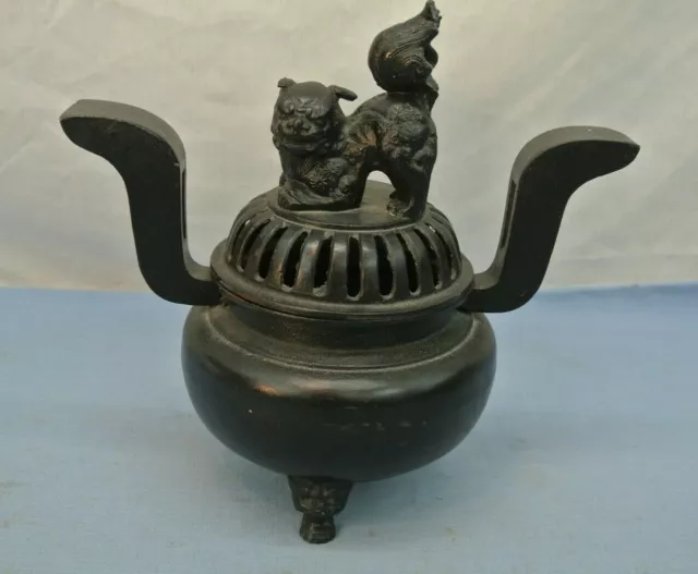 ASIAN FOO DOG LION INCENSE BURNER BOWL POT w/ LID and FIGURINE ON TOP