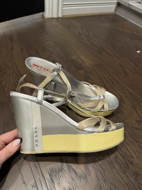 Prada Women’s Silver strappy Hook &Loop leather  platform sandal Size 39