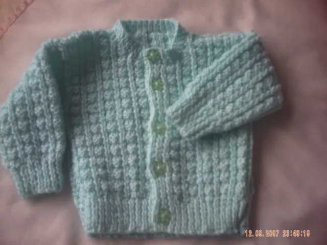 Hand Knitted Pale Green Baby Cardigan Size 0-3 Months.