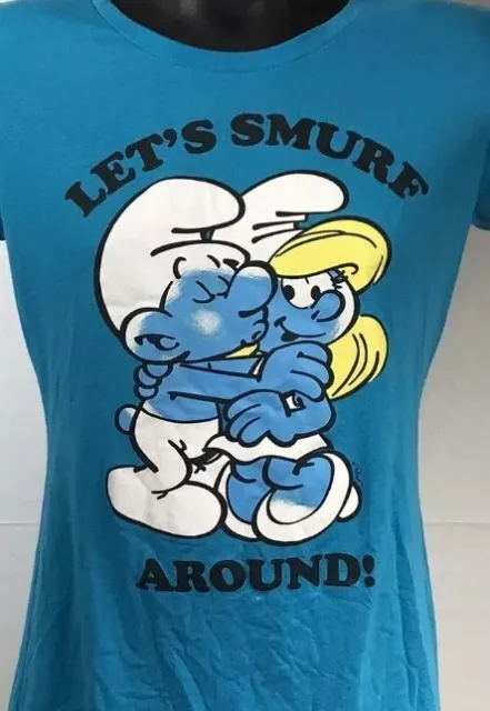 Smurfs Let's Smurf around Smurfette T-shirt blue Short Sleeve Womens Sz S Small