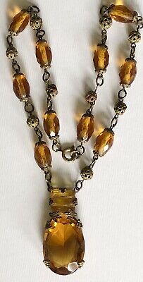 Vintage 1920s Art Deco Czech Czechoslovakia Amber & Brass Pendant Necklace