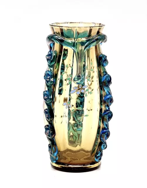 Harrach Glass Vase Amber/Blue Rigaree Enamel Deco Bohemian Czechoslovakia