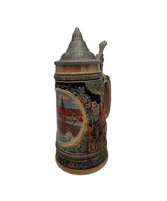 Vintage German Stein Munchen Marienplatz Hand Painted Relief Pewter Lid 9" tall