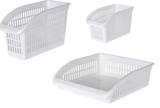 Set of 3 White Fridge Tidy Organiser Storage Baskets Food Cupboard Tray Rack