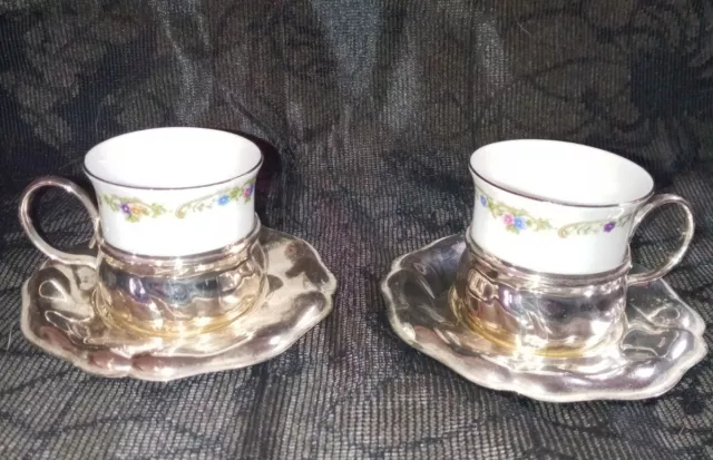 Pair German Porcelain Cups In Quist Silver plate holders with saucers