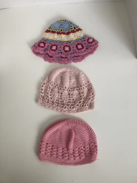 3-Handmade Crochet Baby Girl Hats ,Set of 3 Blue & Pink, Newborn