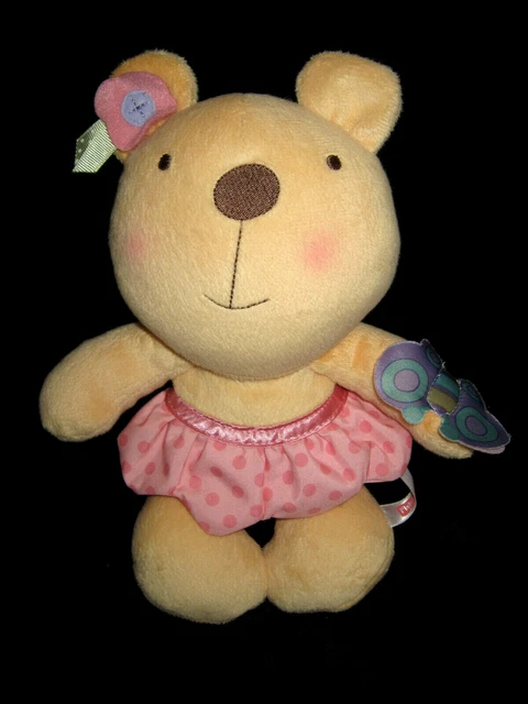 Doudou Peluche hochet grelot Ours beige jupe rose Fisher Price papillon mauve