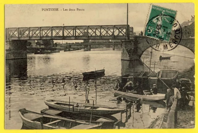 cpa FRANCE Ecrite en 1915 PONTOISE (Val d'Oise) Les DEUX PONTS Animés