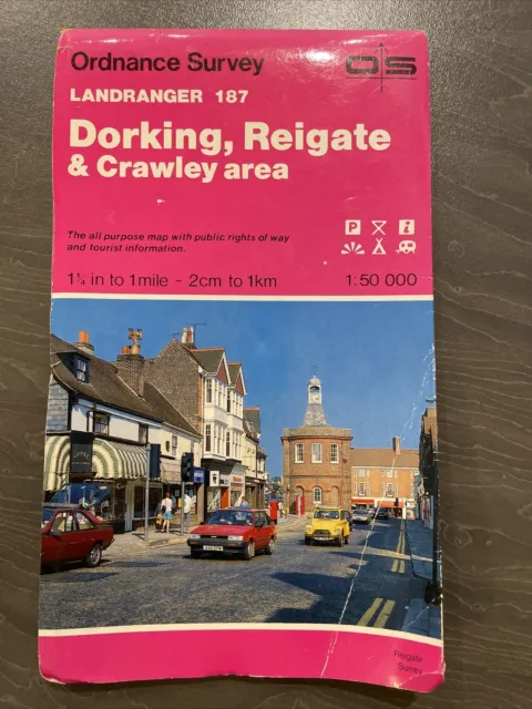 Dorking, Reigate & Crawley Area - Paper Ordnance Survey Map. Sheet 187.