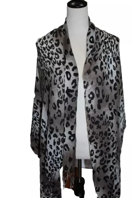 Scarf, wrap, shawl, swim suit cover-up. Snow leopard print frayed   28'' X 72''