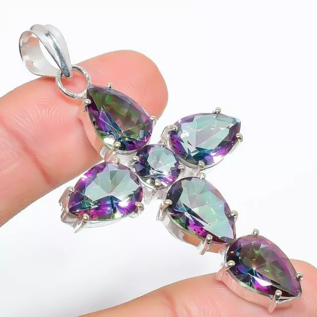 Mystic Topaz Gemstone Handmade 925 Sterling Silver Jewelry Pendentif Taille 2.5"