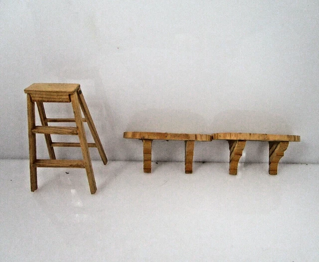 Miniature Doll House Unfinished Wood Step Folding Ladder & 2 Wall Shelves Racks