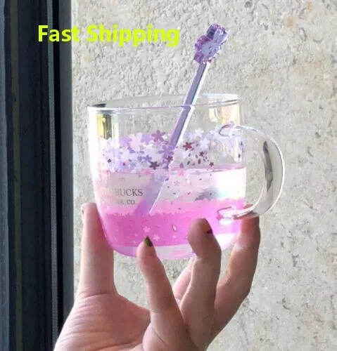 New Pink Sakura Starbucks Color-changing Glass Coffee Mug Milk Cup+Rod 12oz 2023