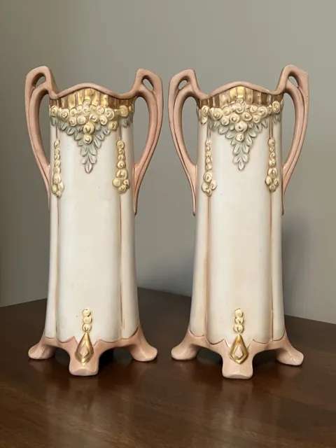 Pair Antique Hand Painted Porcelain Art Nouveau Arts & Crafts Footed Vases 10.5”