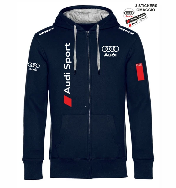 Felpa BLU NAVY ZIP Cappuccio Audi Sport Team replica Rally+3 stickers gratis