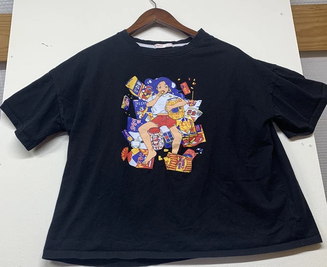 Harajuku Romwe korean girl eating snacks cartoon t shirt.