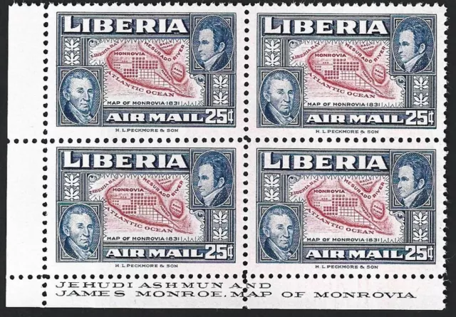 Liberia #C68 1952 Ashmun & Maps 25c colour error MNH block of 4