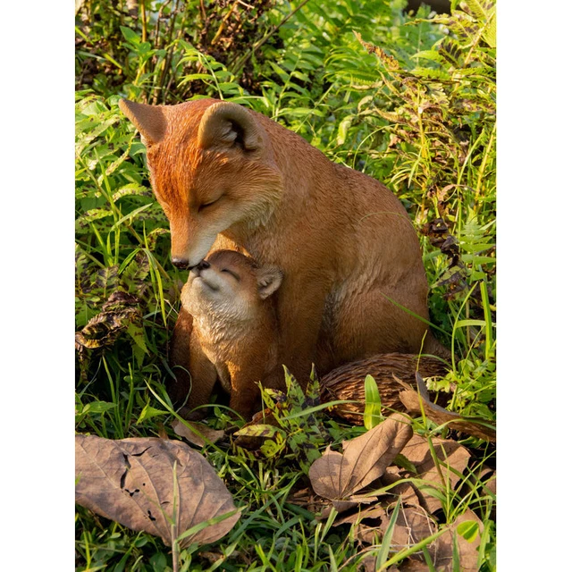 Mother Baby Fox Garden Statue Lifelike Animal Sculpture Home Garden Decor 9.6"H