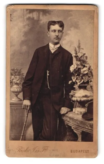 Fotografie Risko J. es Ta., Budapest, Portrait junger Herr im Anzug mit Stock