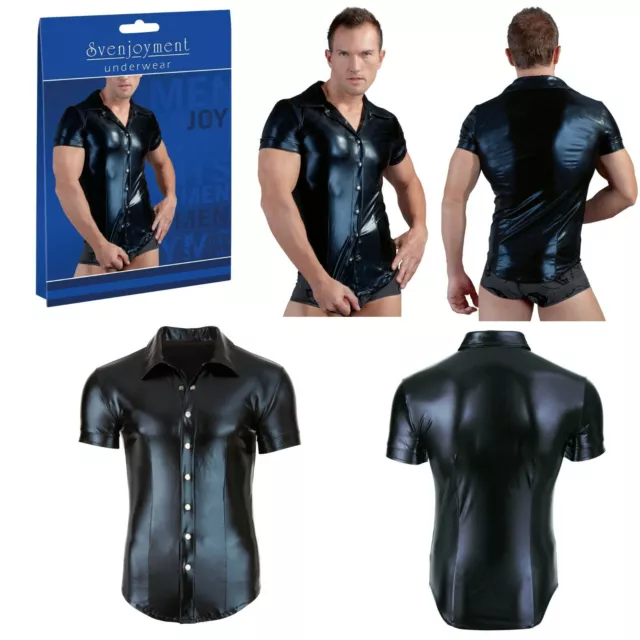 216 0099 17 Wetlook Herren Hemd Druckknopfleiste Elastisch Schwarz in S bis M