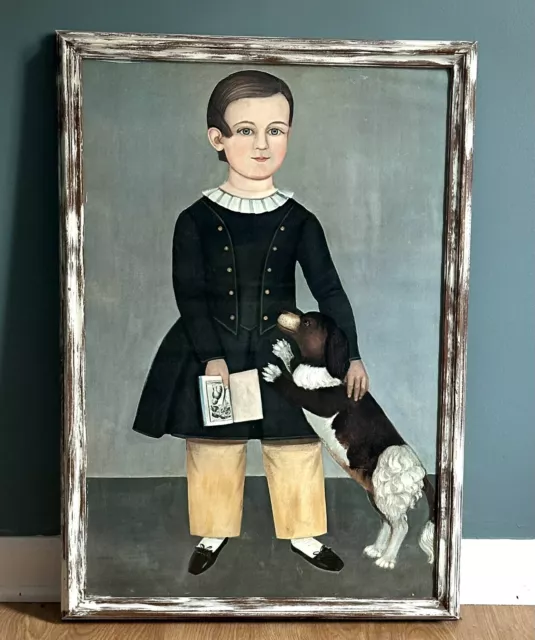 Rustic Framed Folk Art Print of Young Boy with Dog, by Samuel Miller 20”x 30”