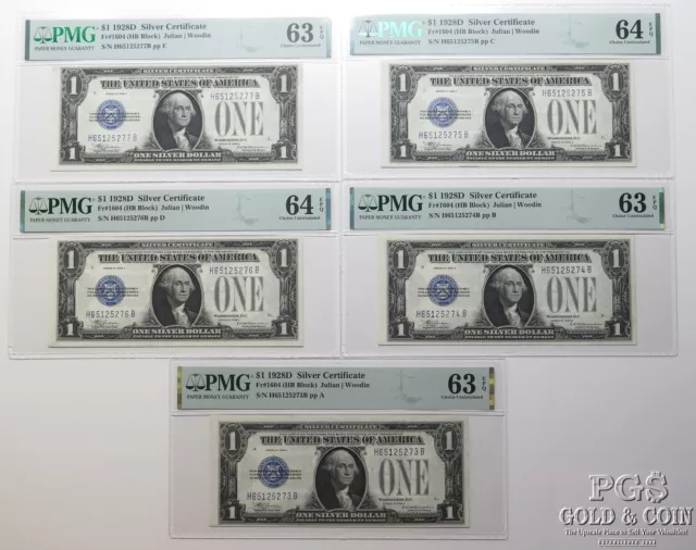 5 Consecutive Serial $1 1928D Silver Certificates Fr#1604 PMG63 &64 EPQ CU 26428