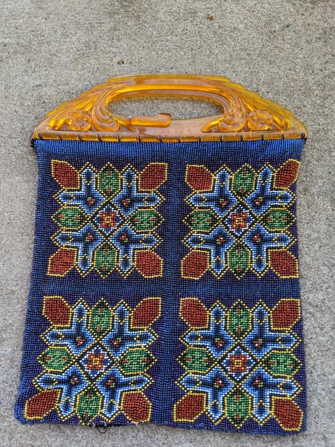 Rare Art Deco Lucite Flower Frame Micro Beaded Flapper Purse C8