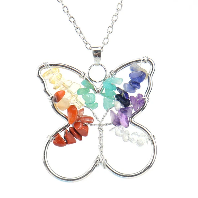 Natural Amethyst Jade Gem Butterfly Tree of Life Hollow Pendant Reiki Necklace