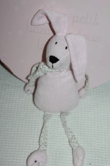 Doudou Peluche Lapin Rose Bout'chou Monoprix Etoiles Gris Écharpe Nez Noir