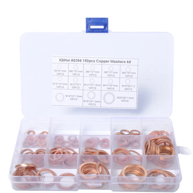 150 Pcs Flat Rubber Washers Metric Copper Crush Sealing Gasket Metal Brass