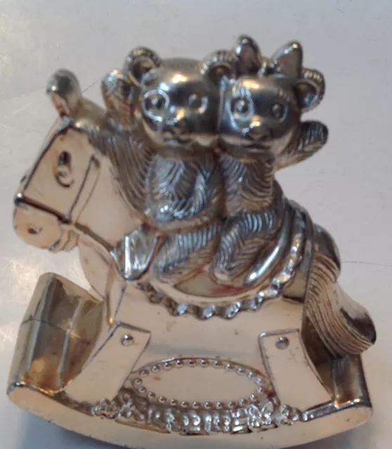 Silverplated Teddy Bears Riding A Rocking Horse Coin Bank Metal Vintage